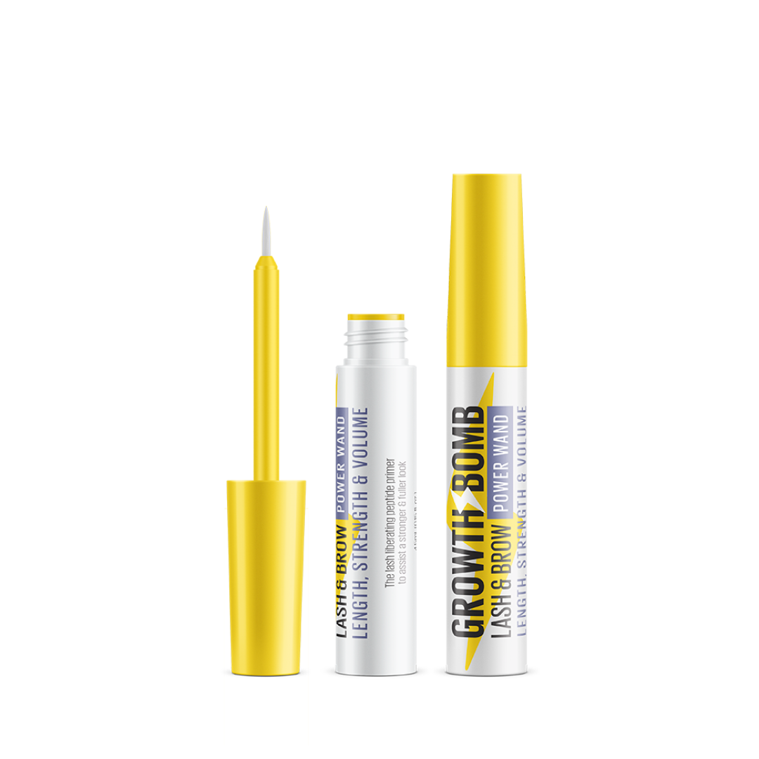 These two cosmetic tubes, each capped in vibrant yellow, are labeled 4.5 ML Lash & Brow Power Wand. One includes a brush, the other a mascara wand, featuring Capixyl™ for lash and brow serum benefits that enhance length, strength, and volume.