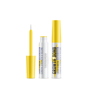 These two cosmetic tubes, each capped in vibrant yellow, are labeled 4.5 ML Lash & Brow Power Wand. One includes a brush, the other a mascara wand, featuring Capixyl™ for lash and brow serum benefits that enhance length, strength, and volume.