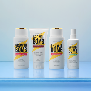 The Growth Bomb Rescue, Restore & Hydrate Bundle includes four caffeine-infused hair care products: shampoo, conditioner, leave-in spray, and scalp serum. Designed to strengthen, hydrate, and support hair growth, this bundle helps repair damage, nourish the scalp, and enhance volume for healthier-looking hair.