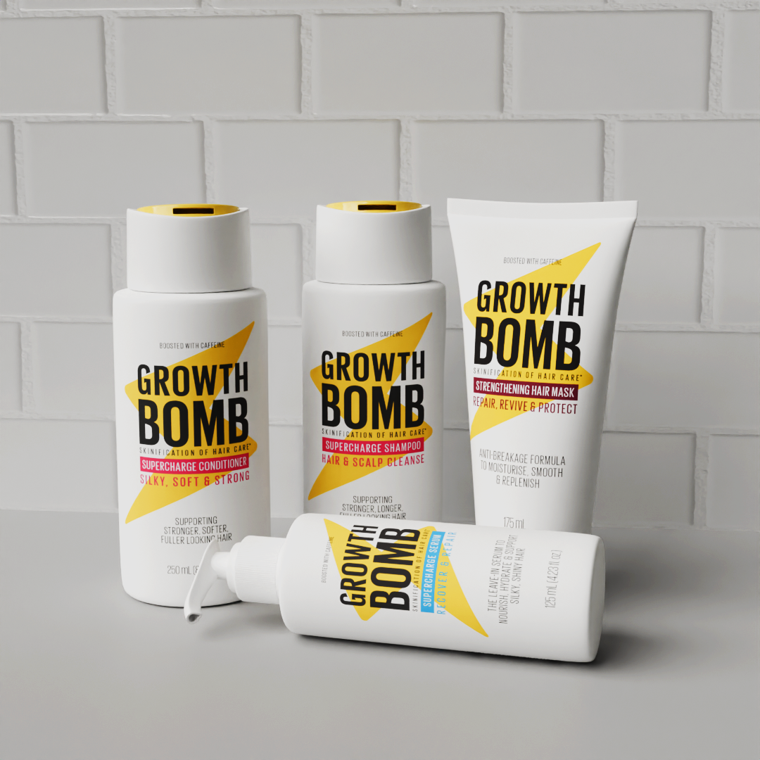 The Smoothing Support Bundle by Growth Bomb includes a supercharge shampoo, conditioner, strengthening hair mask, and scalp detox spray. Infused with Yerba Maté, this anti-frizz set is designed to cleanse, nourish, and protect hair.