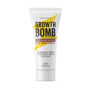 A white tube labeled 175 ML features the 10 Minute Miracle Mask by Growth Bomb, designed to strengthen hair with an anti-breakage formula. It promises Repair, Revive & Protect benefits, deeply hydrating, smoothing, and replenishing your locks. Contains 175 mL.