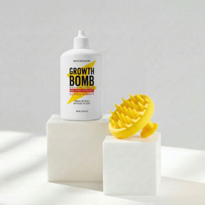 Scalp exfoliant bottle, white with Growth Bomb label and flip-top cap